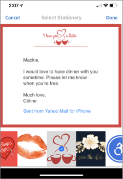 Image of an example of stationery in Yahoo Mail for iOS.